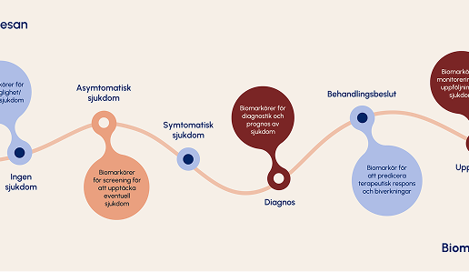 Illustration som beskriver hur biomarkörer kan användas genom hela sjukdomsresan.