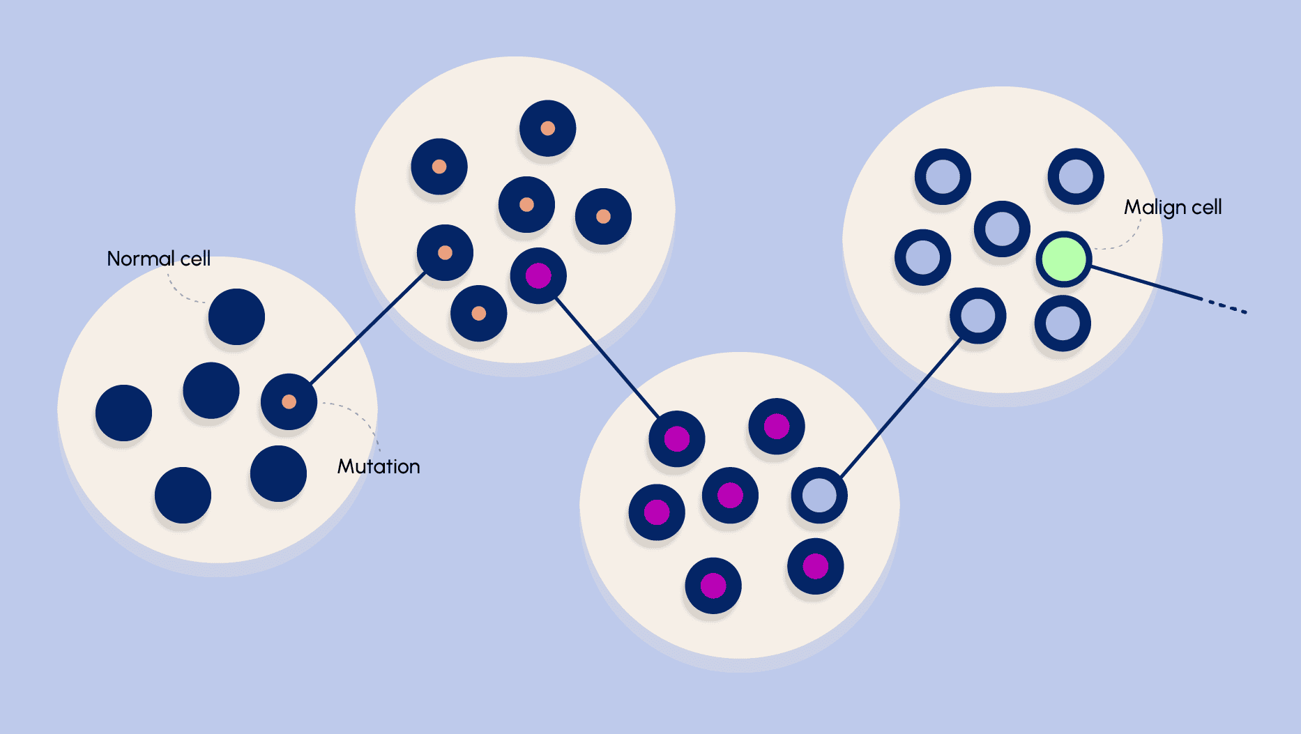 Illustration över begreppet klonal evolution, en modell som hjälper oss att förstå hur cancer utvecklas.