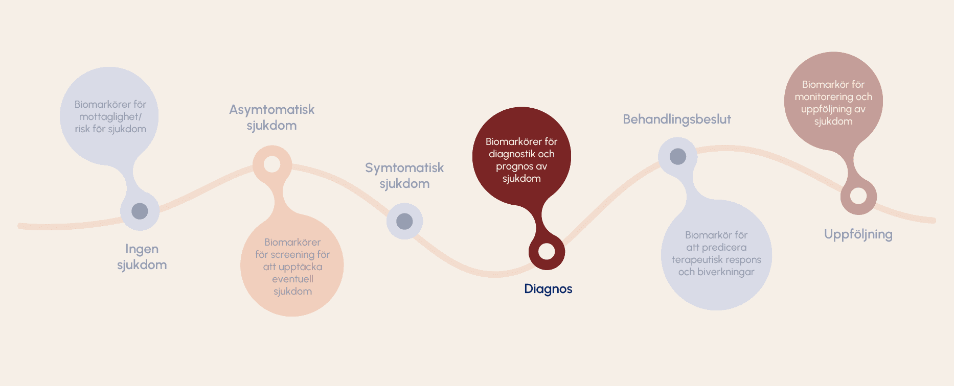 Illustration som visar hur man kan använda biomarkörer inför behandlingsbeslut med fokus på diagnostiska biomarkörer. Illustration som visar hur man kan använda biomarkörer inför behandlingsbeslut med fokus på diagnostiska biomarkörer.