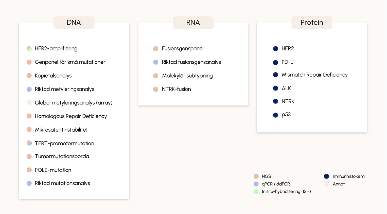 Illustration som visar vanligt använda analysmetoder inom molekylärpatologin uppdelat på DNA, RNA eller proteinnivå.